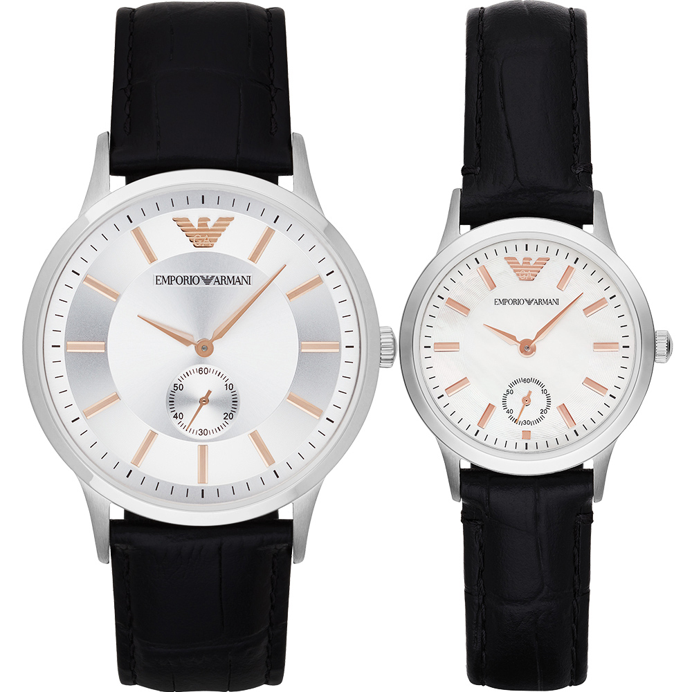 【Armani 亞曼尼】AR9113 男女對錶 簡約 時尚 獨立秒針小錶盤 皮革 石英 手錶