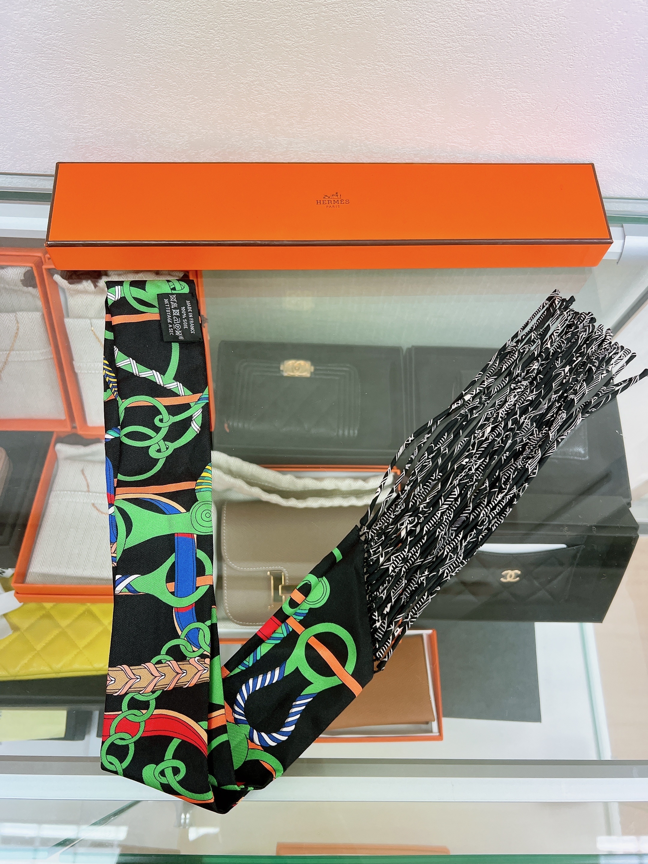 Hermes fringed twilly (black/ green)