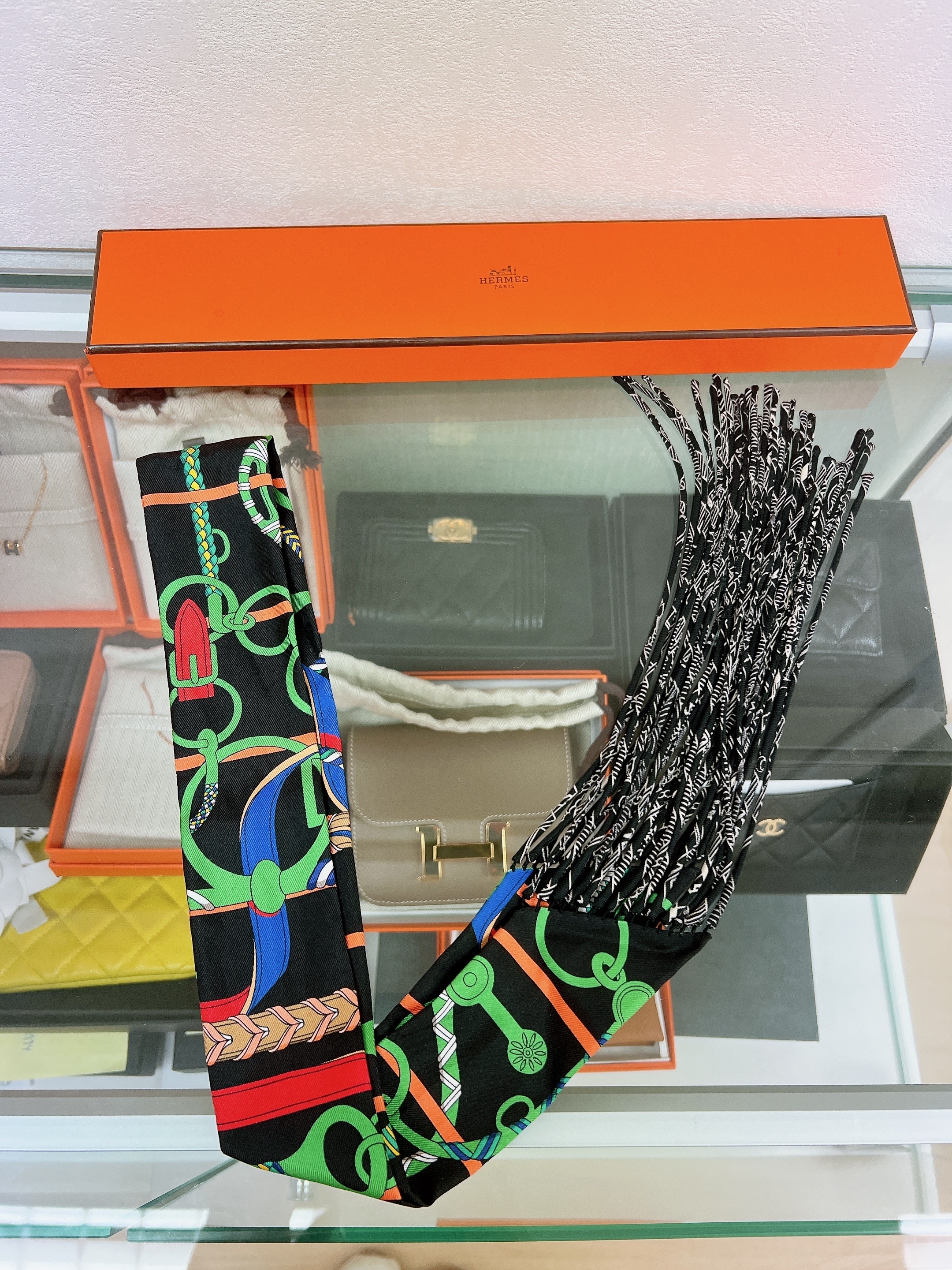 Hermes fringed twilly (black/ green)