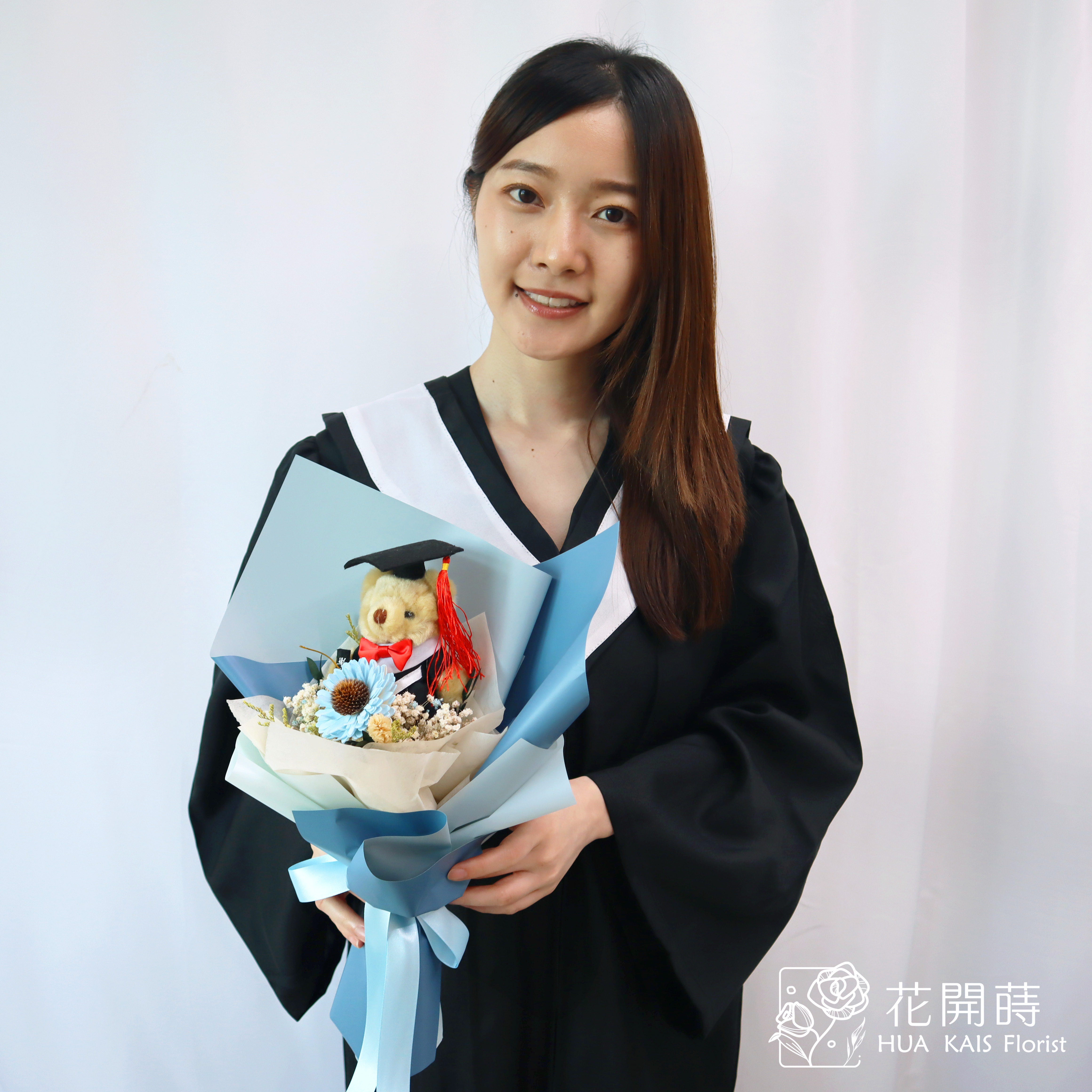畢業花束|藍色太陽花畢業學士熊花束|單支太陽花畢業熊花束|畢業禮物|