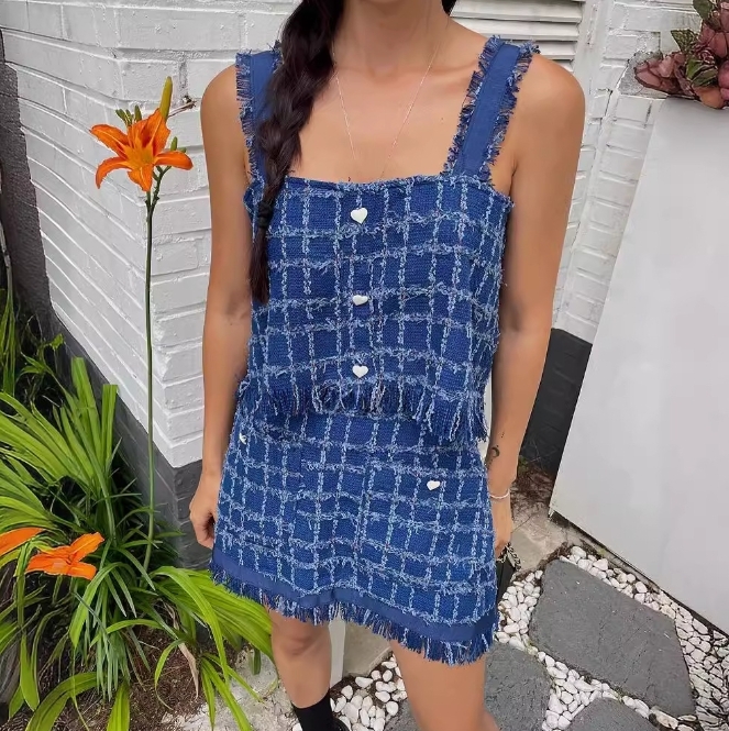 流蘇感方領背心+ 高腰短裙(2件組)(藍/米白)