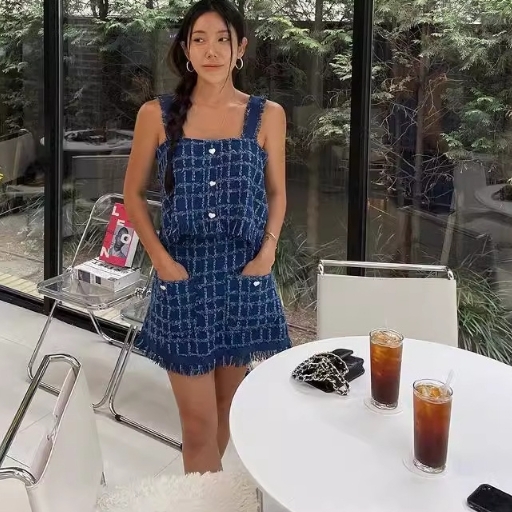 流蘇感方領背心+ 高腰短裙(2件組)(藍/米白)