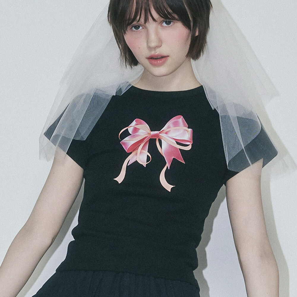 RONRON DOUBLE RIBBON SLIM CROP T SHIRT BLACK PINK