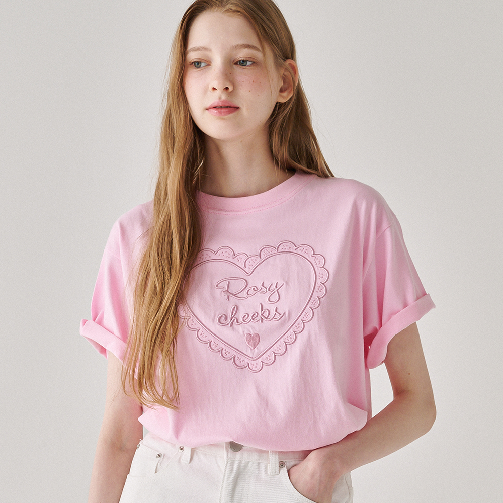 RONRON  ROSY CHEEKS HEART BASIC FIT T SHIRT PINK