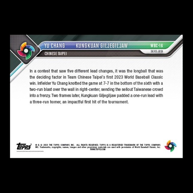 MLB球員卡 Yu Chang/Kungkuan Giljegiljaw - 2023 World Baseball Classic TOPPS NOW® Card 16 - PR: 1838