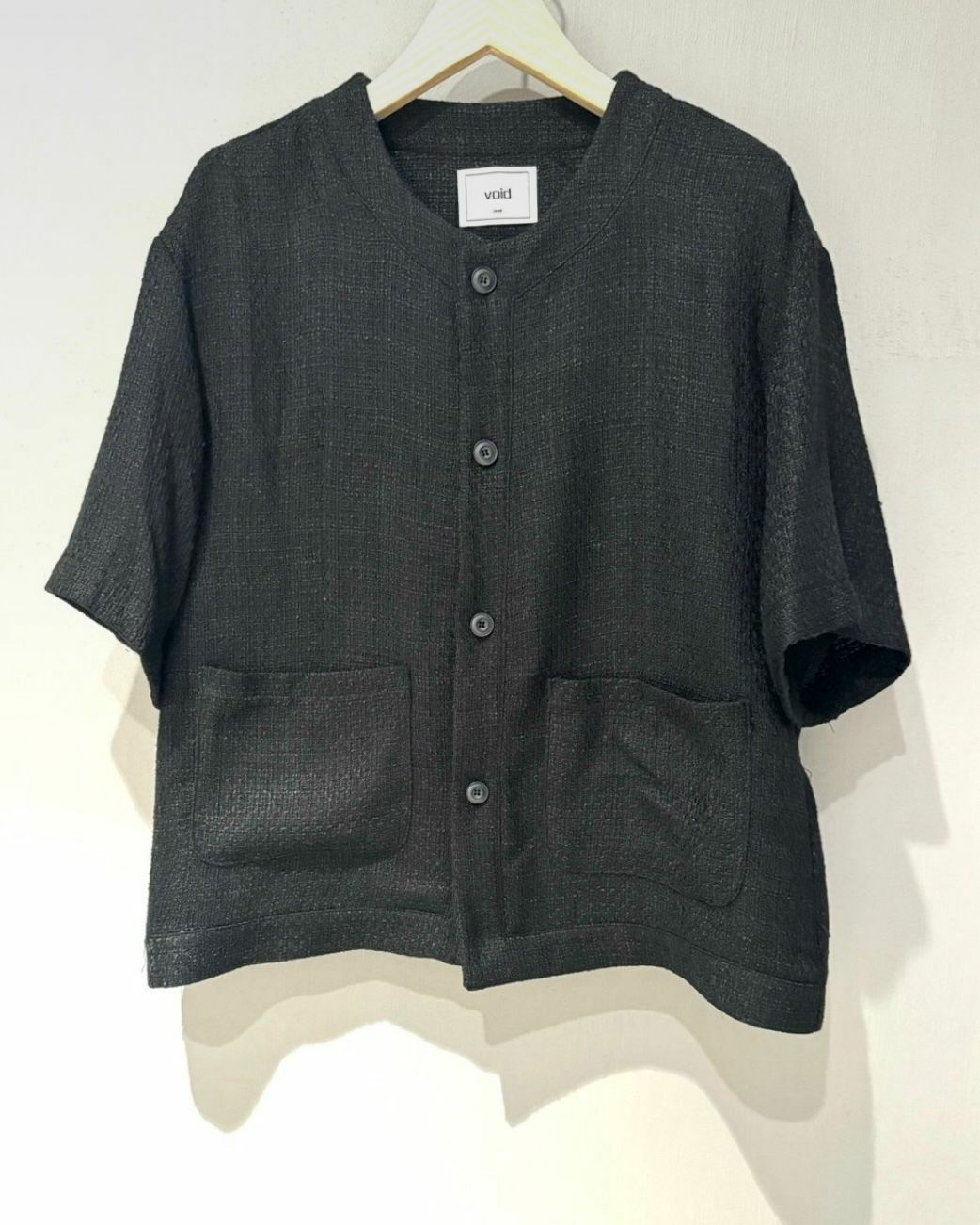 淨色圓領暗格紋開胸短袖外套 VOID-022JK