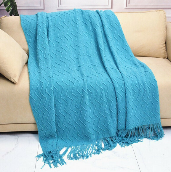 Hot recommendation solid color lunch break blanket (peacock blue) (size: 130*260cm including tassels)