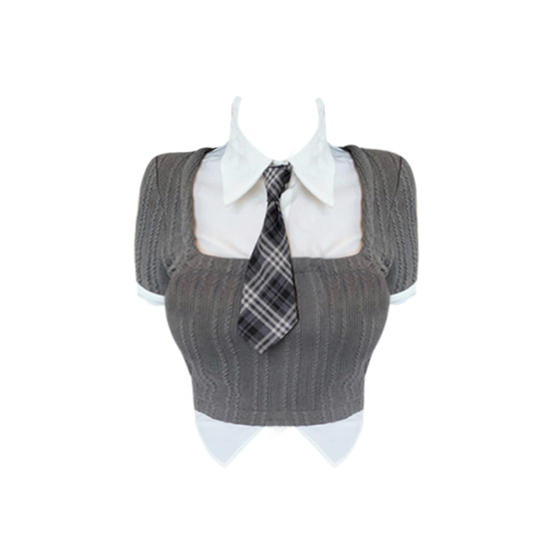 Hot selling college style fake two piece short sleeves (gray S-L) (please contact customer service to confirm the delivery size after placing the order)