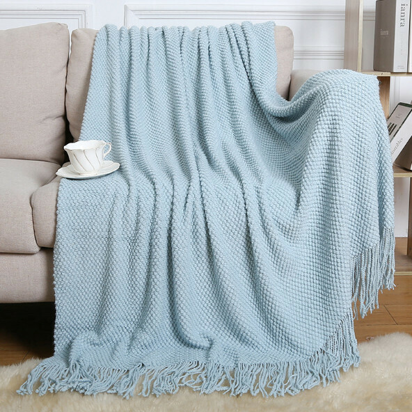 Popular waffle knitted blanket (lake blue) (size: 130*230cm including tassels)