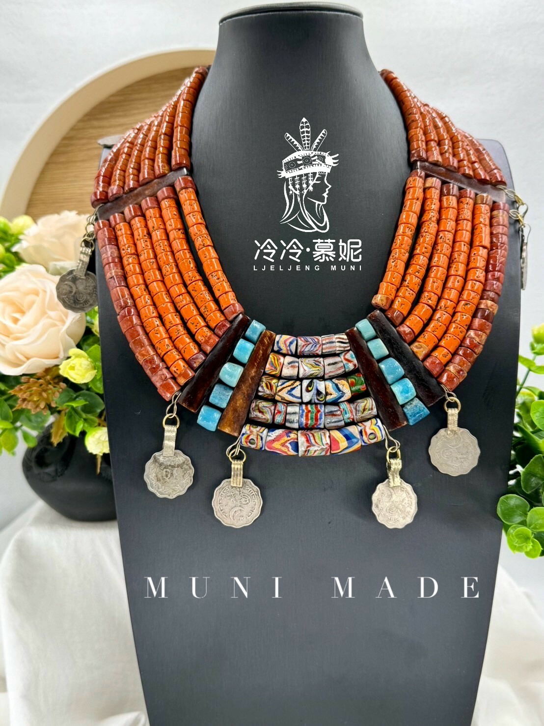 Muni-No.11貿易老珠六排複串短鍊54cm