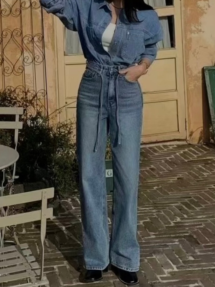 牛仔綁帶高腰寬褲