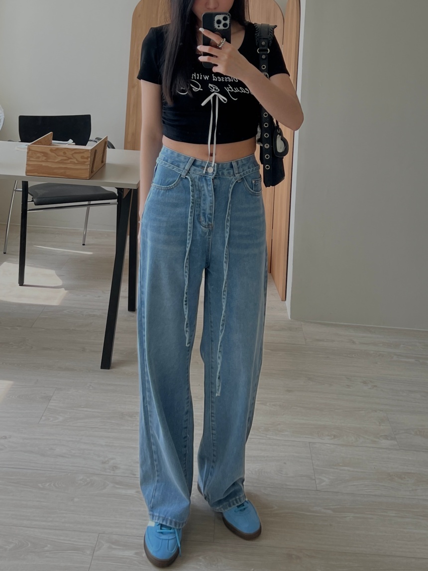 牛仔綁帶高腰寬褲