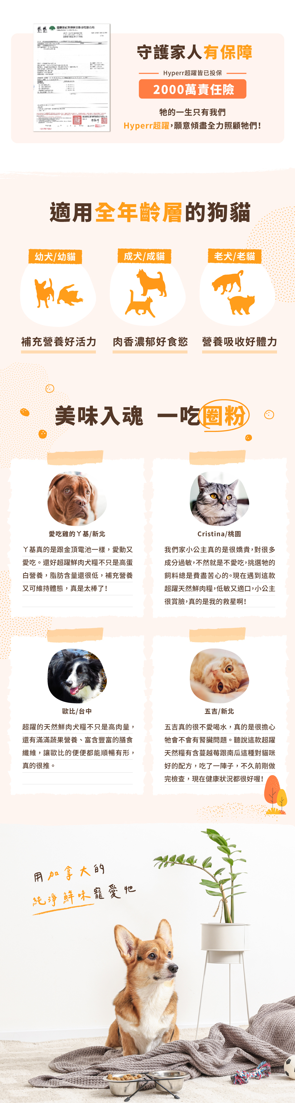 Hyperr無穀天然鮮肉糧適用全年齡層的犬貓。幼犬幼貓可補充營養好活力;肉香濃郁讓成犬貓都有好食慾;營養配方幫助老犬貓吸收好體力。