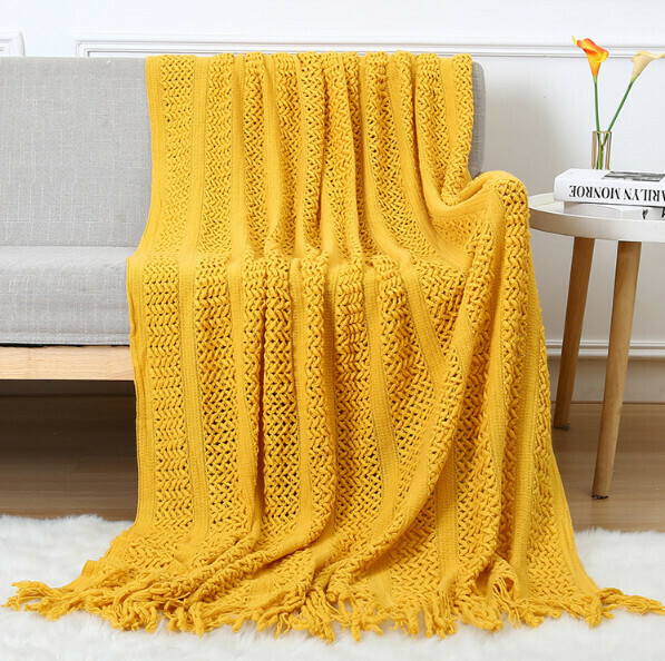 Popular hollow knitted blanket cover (turmeric) (size: 127*180cm including tassels)