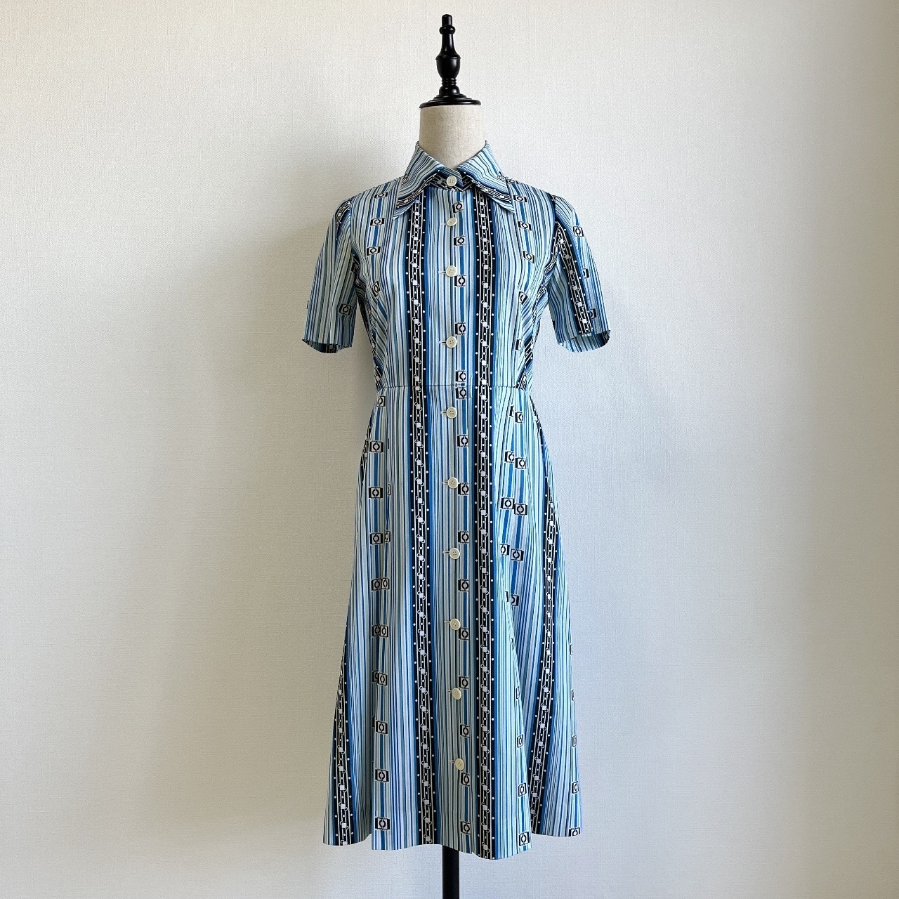 型格感藍色條紋修腰古著連身裙