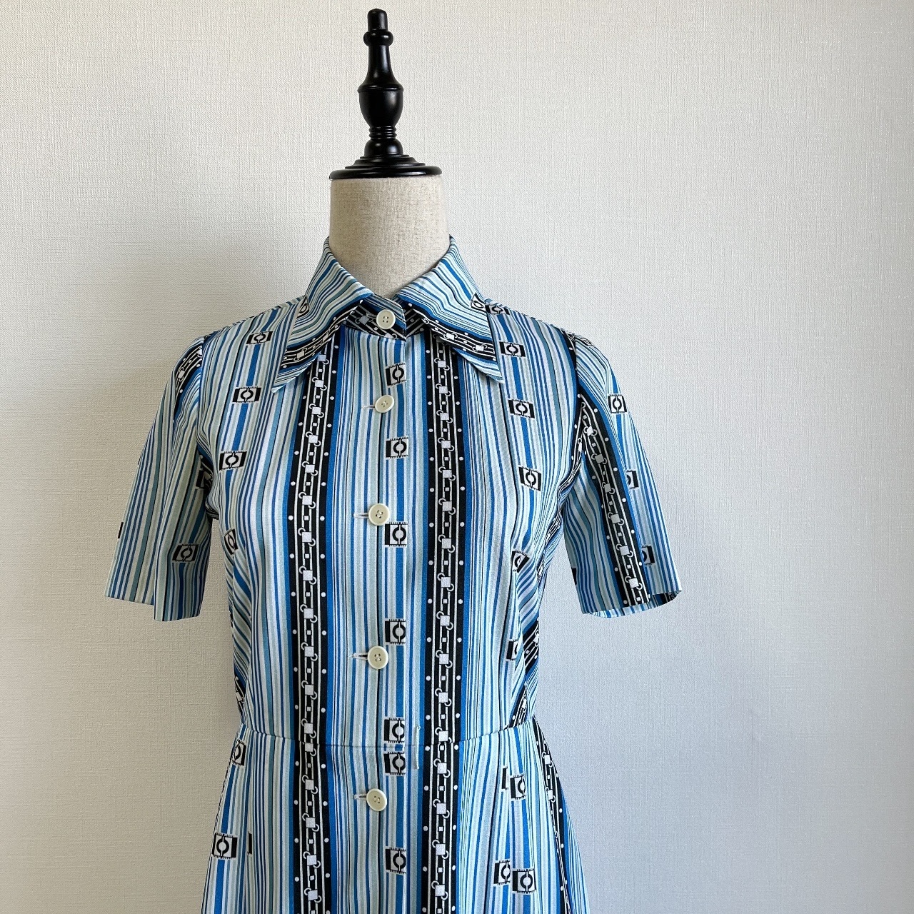 型格感藍色條紋修腰古著連身裙