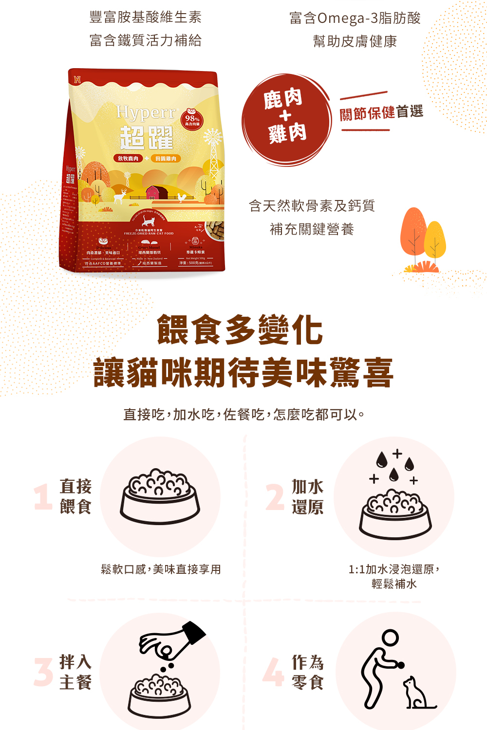 雞肉口味體態管理首選；牛肉口味補充能量首選；羊肉口味皮毛保健首選；鹿肉口味關節保健首選