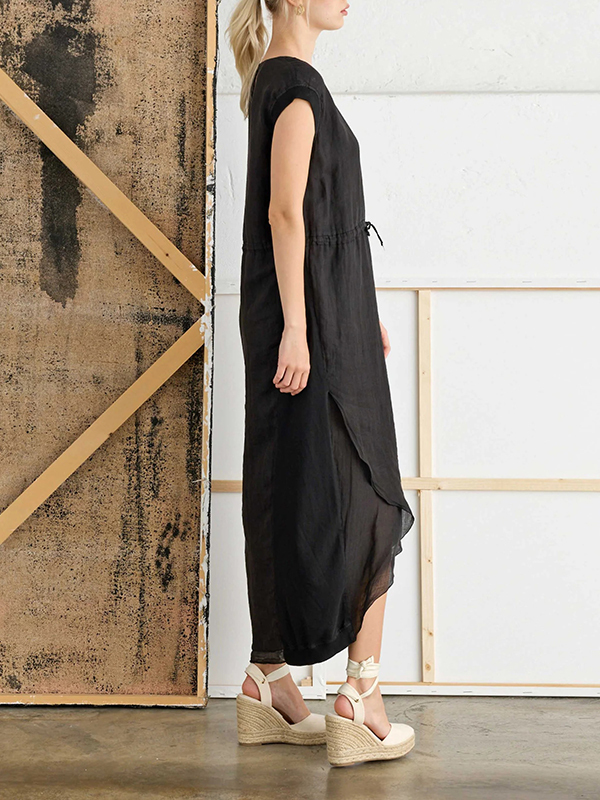 EUROPEAN 小包袖抽繩長洋裝(黑)