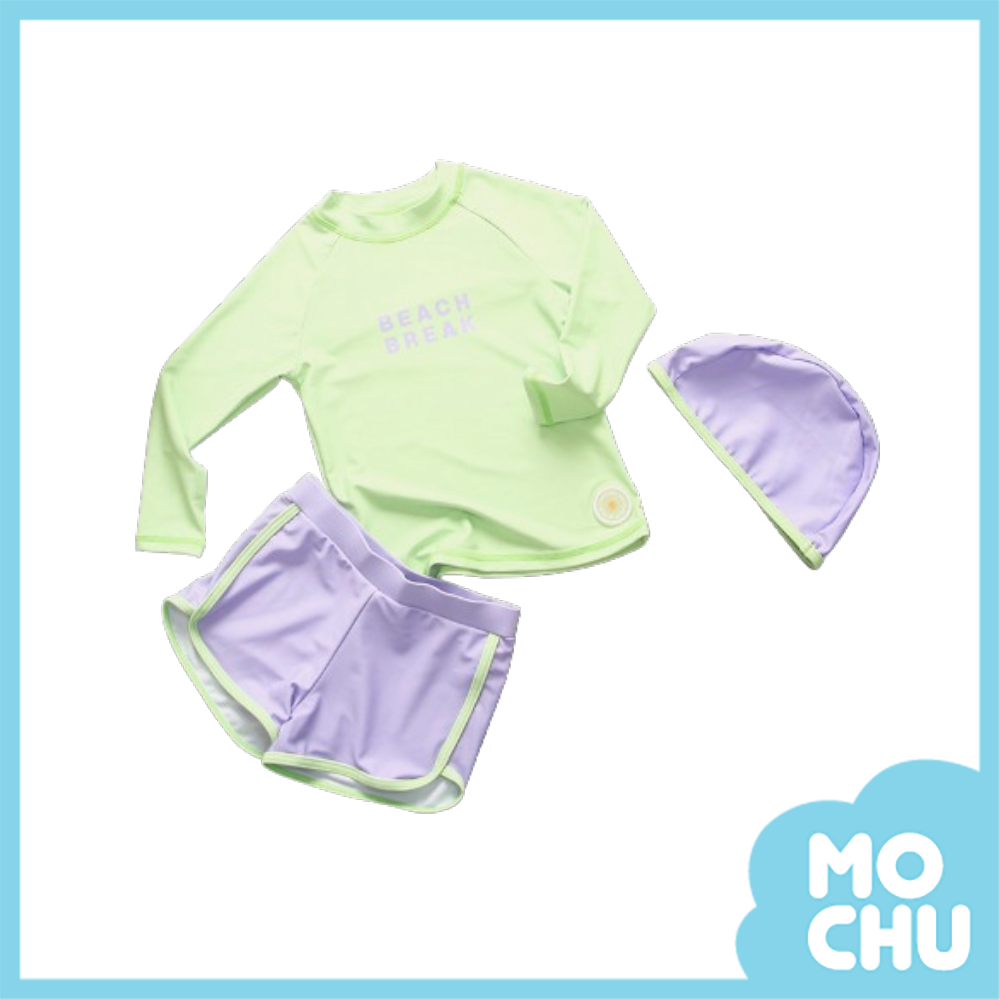 撞色字母長袖泳衣短褲套裝(四色)