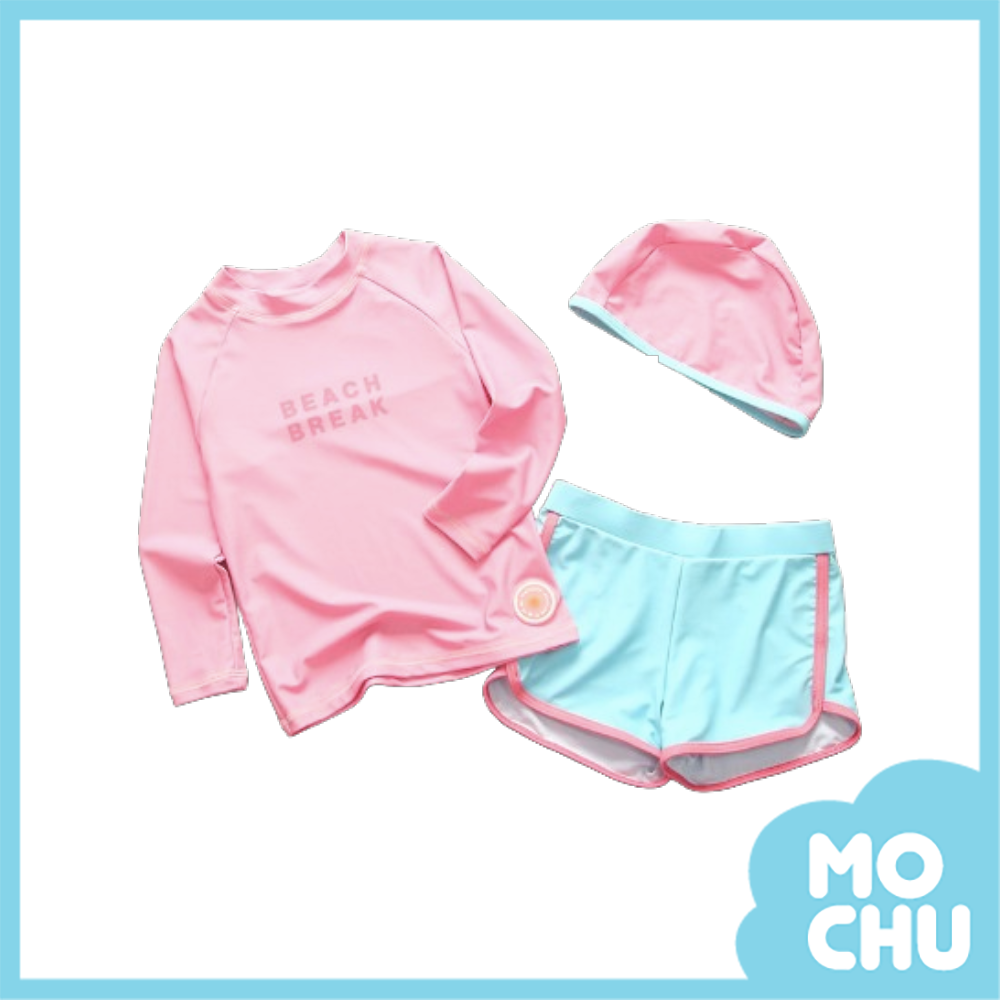 撞色字母長袖泳衣短褲套裝(四色)