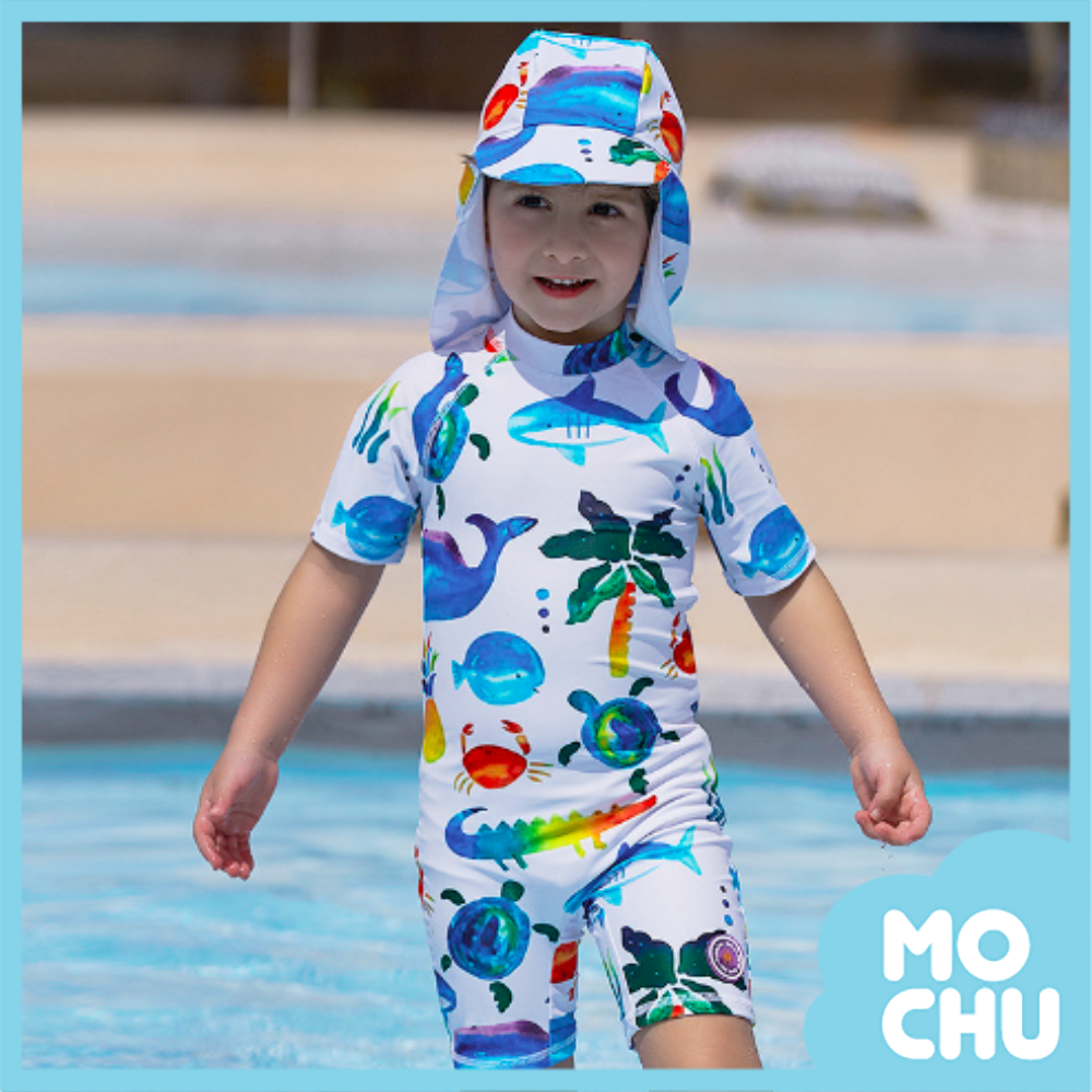 海洋世界短袖連身泳衣(送防曬帽)