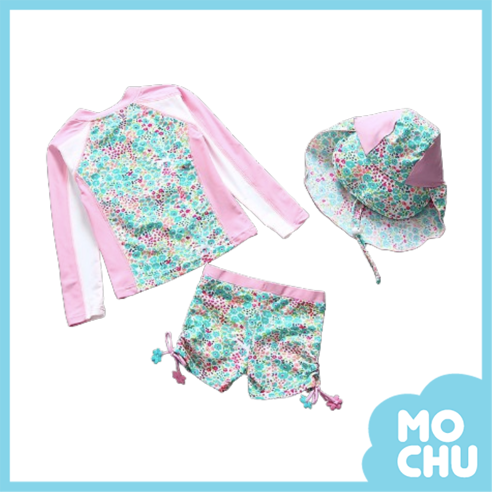 (2碼現貨)粉條碎花泳衣褲套裝(送防曬帽)