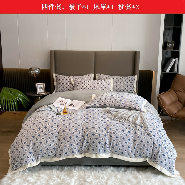 Hotly recommended winter double-sided milk velvet thickened bed four-piece set [Aiyuge-Blue] [1.5m bed sheet style four-piece set (quilt cover 2x2.3m)]