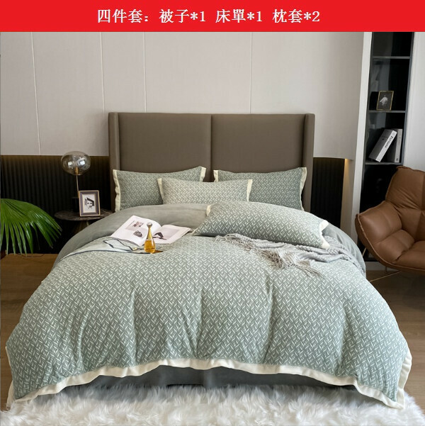 Hotly recommended winter double-sided milk velvet thickened bed four-piece set [Pattaya-Green] [1.5m bed sheet style four-piece set (quilt cover 2x2.3m)]
