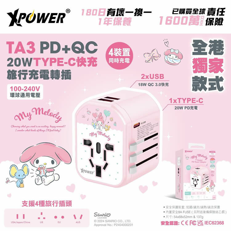 24035-MM Sanrio My Melody 快充旅行充電轉插 #XP24-JY-303S-PD-MM1