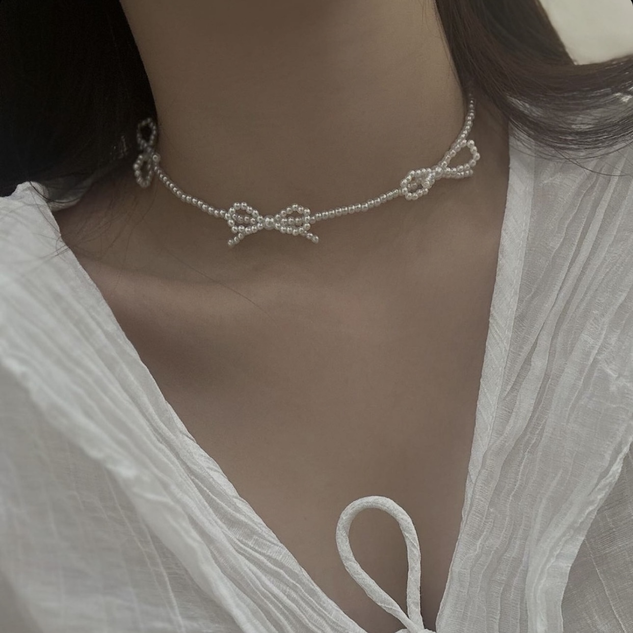 F54全珍珠蝴蝶結頸鏈