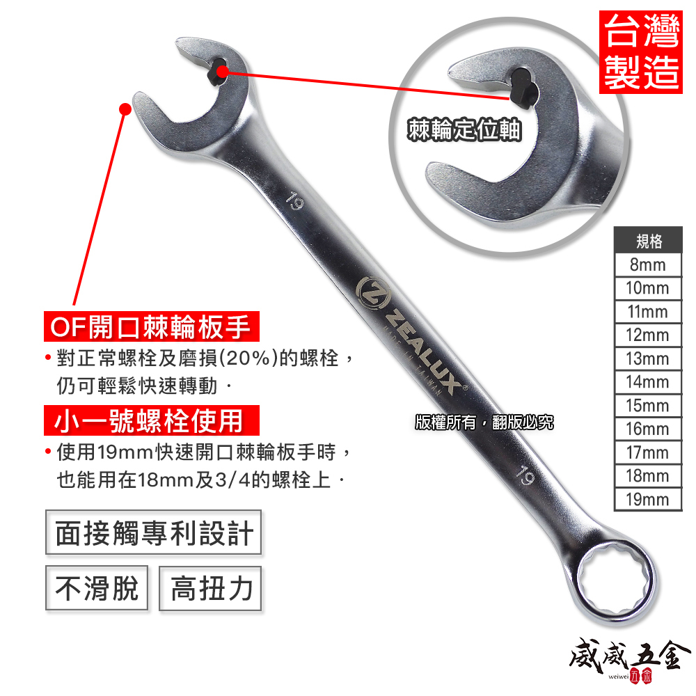 ZEALUX 銳樂 台灣製｜零售8-19mm 專利快速棘輪開口板手 梅花開口棘輪板手 棘輪梅開板手 梅開扳手
