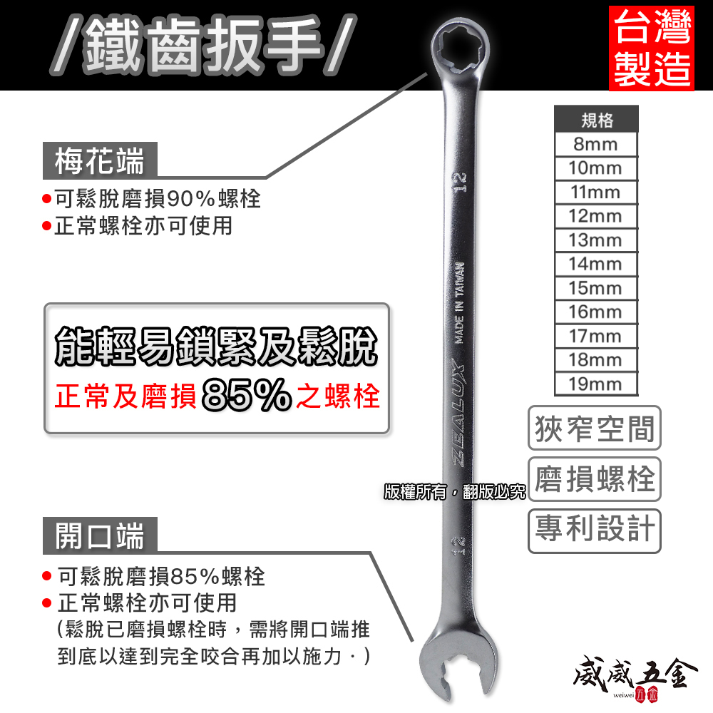 Zealux 台灣製 銳樂｜8-19mm 鐵齒特長防滑扳手 不滑脫 專利防滑梅開板手 磨損螺栓用梅花開口板手
