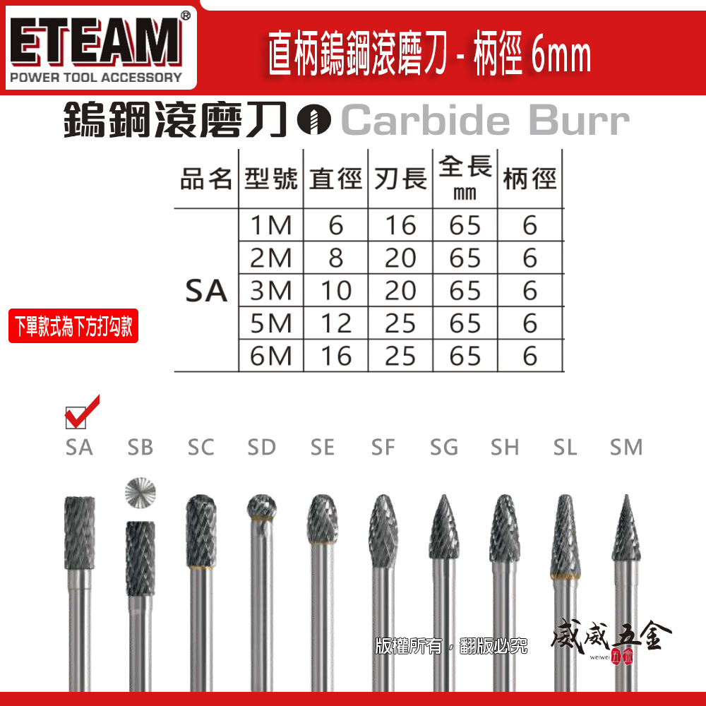 超硬鎢鋼滾磨刀｜SA型｜柄徑6mm 旋轉銼刀 鎢鋼刀 雕刻刀 磨刀｜1M 2M 3M 5M 6M｜ETEAM