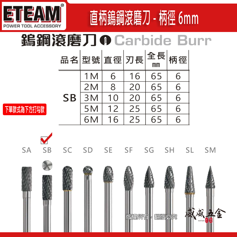 超硬鎢鋼滾磨刀｜SB型｜柄徑6mm 旋轉銼刀 鎢鋼刀 雕刻刀 磨刀｜1M 2M 3M 5M 6M｜ETEAM