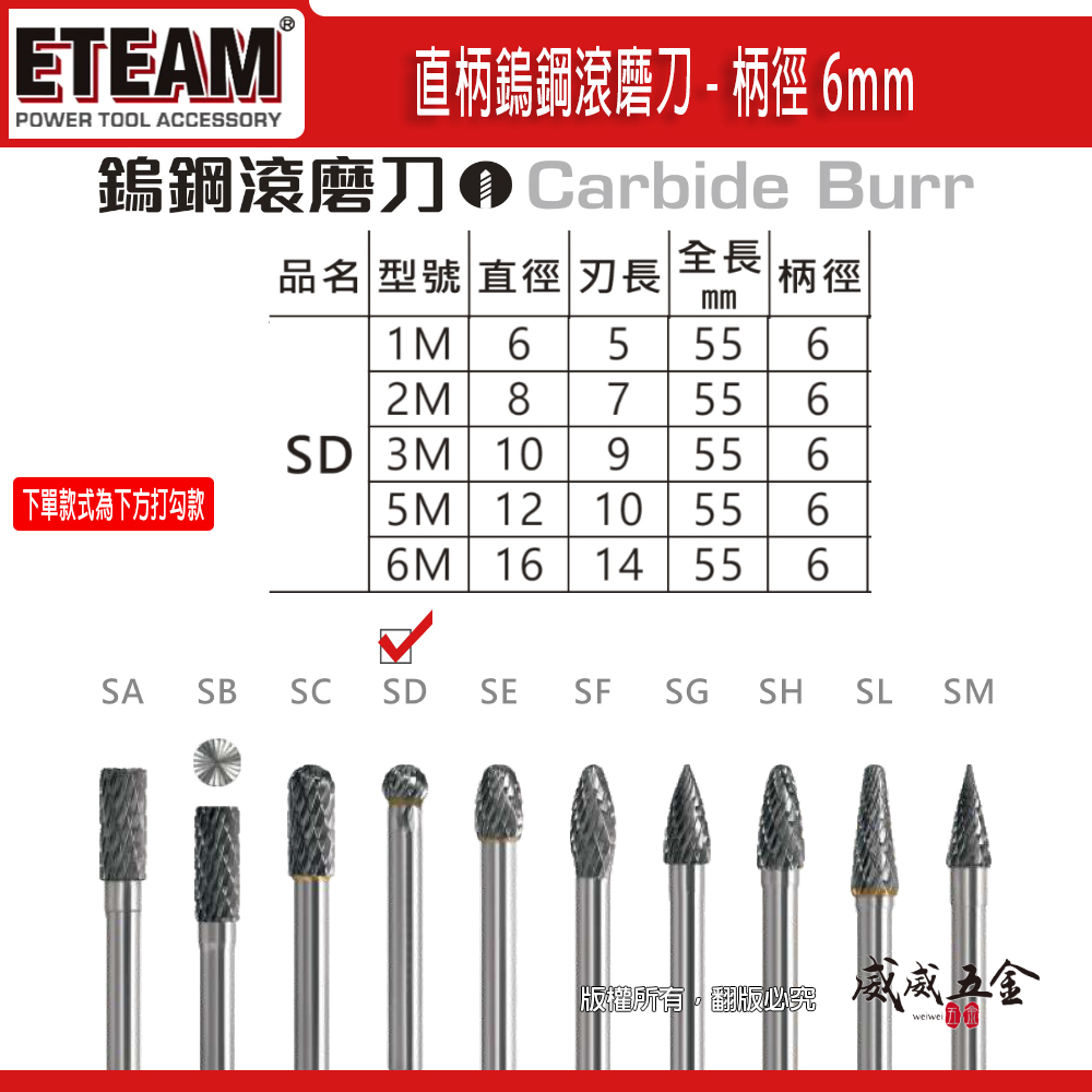超硬鎢鋼滾磨刀｜SD型｜柄徑6mm 旋轉銼刀 鎢鋼刀 雕刻刀 磨刀｜1M 2M 3M 5M 6M｜ETEAM