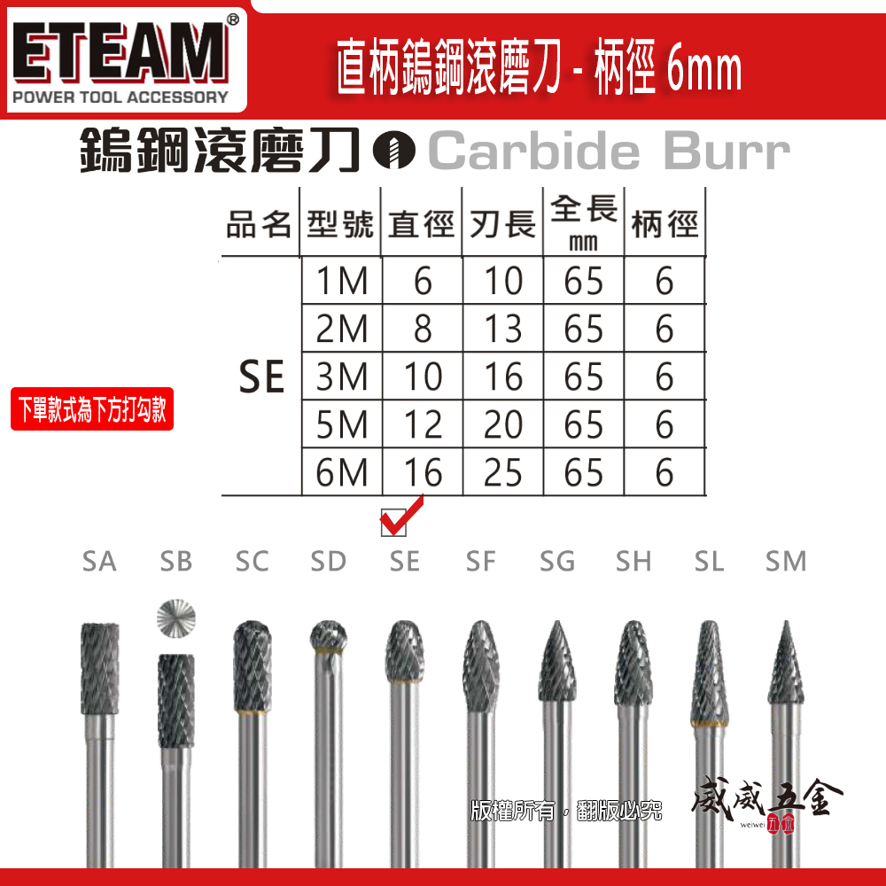超硬鎢鋼滾磨刀｜SE型｜柄徑6mm 旋轉銼刀 鎢鋼刀 雕刻刀 磨刀｜1M 2M 3M 5M 6M｜ETEAM