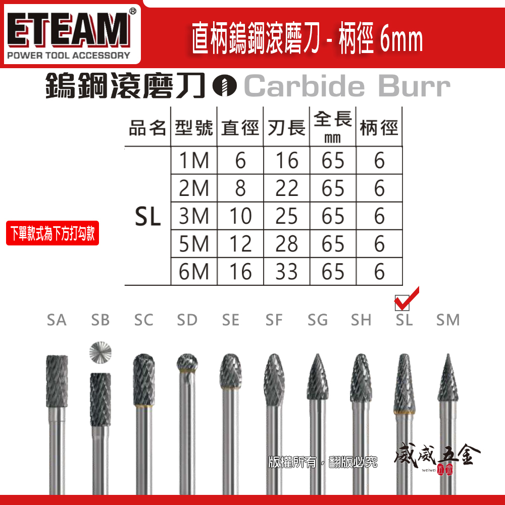 超硬鎢鋼滾磨刀｜SL型｜柄徑6mm 旋轉銼刀 鎢鋼刀 雕刻刀 磨刀｜1M 2M 3M 5M 6M｜ETEAM