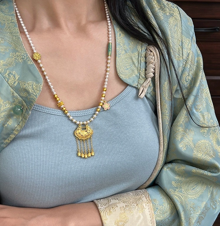 【鎖緣金】新中式古法金平安如意鎖貝珠項鍊