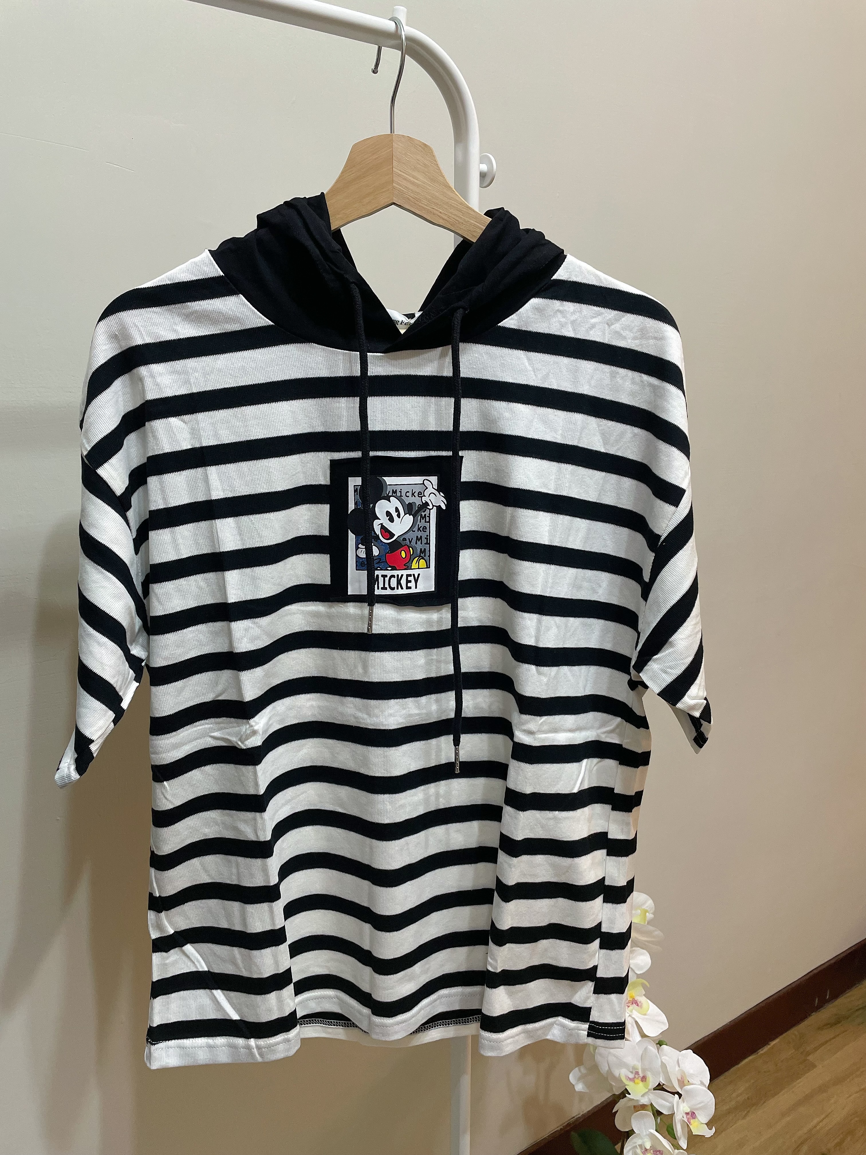 萌萌米奇橫條短袖帽T-三色實拍