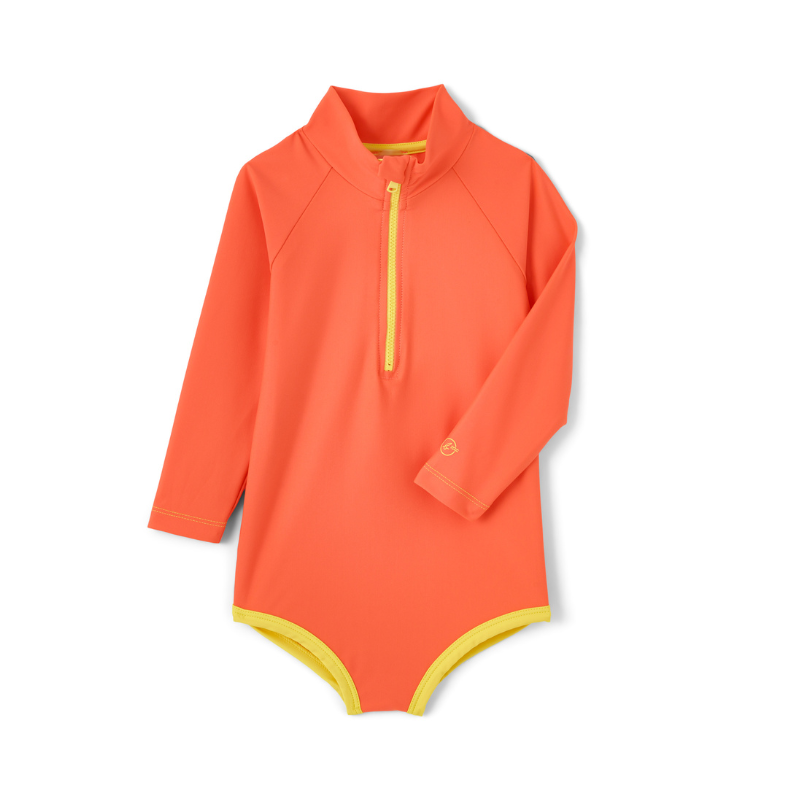 柑橘橙 Mandarine - 長袖連身前拉鍊| 海廢再生 抗UV兒童防曬泳裝