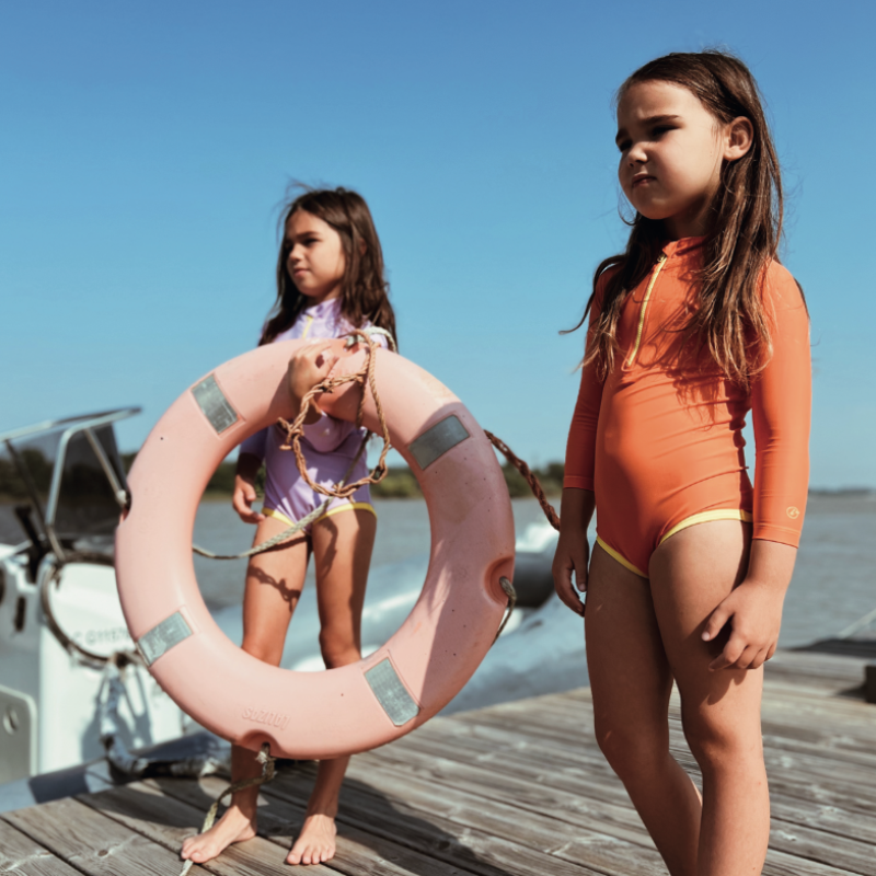 柑橘橙 Mandarine - 長袖連身前拉鍊| 海廢再生 抗UV兒童防曬泳裝