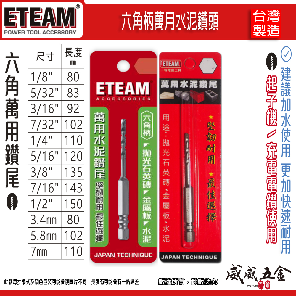 一等 ETEAM 台灣製｜規格 1/8"-1/2" ｜六角柄萬用水泥鑽頭｜六角軸水泥鑽尾 拋光石英磚 薄金屬板用