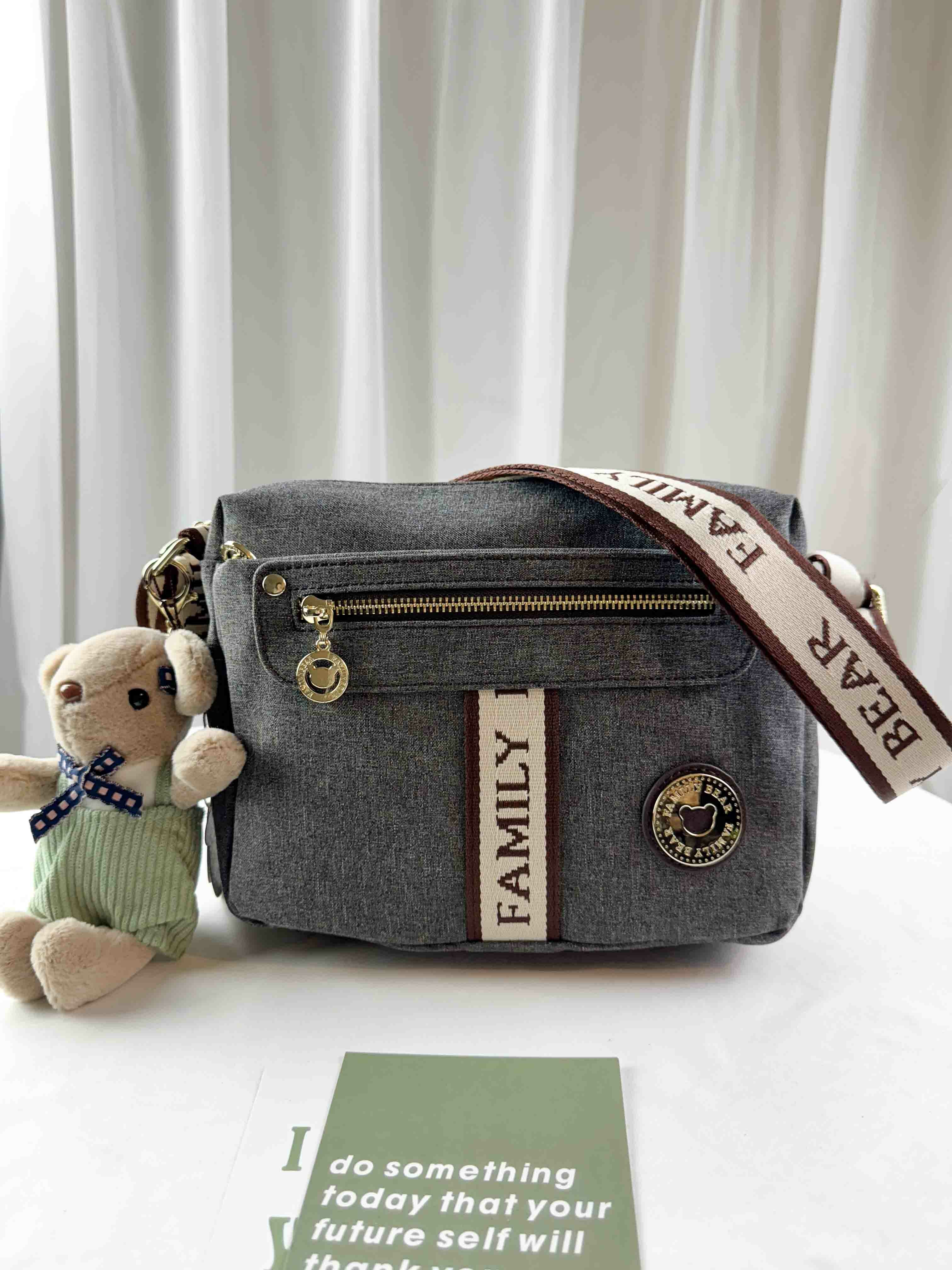 FamilyBear 織帶灰配咖防潑水側背包 附兔兔吊飾 #29295