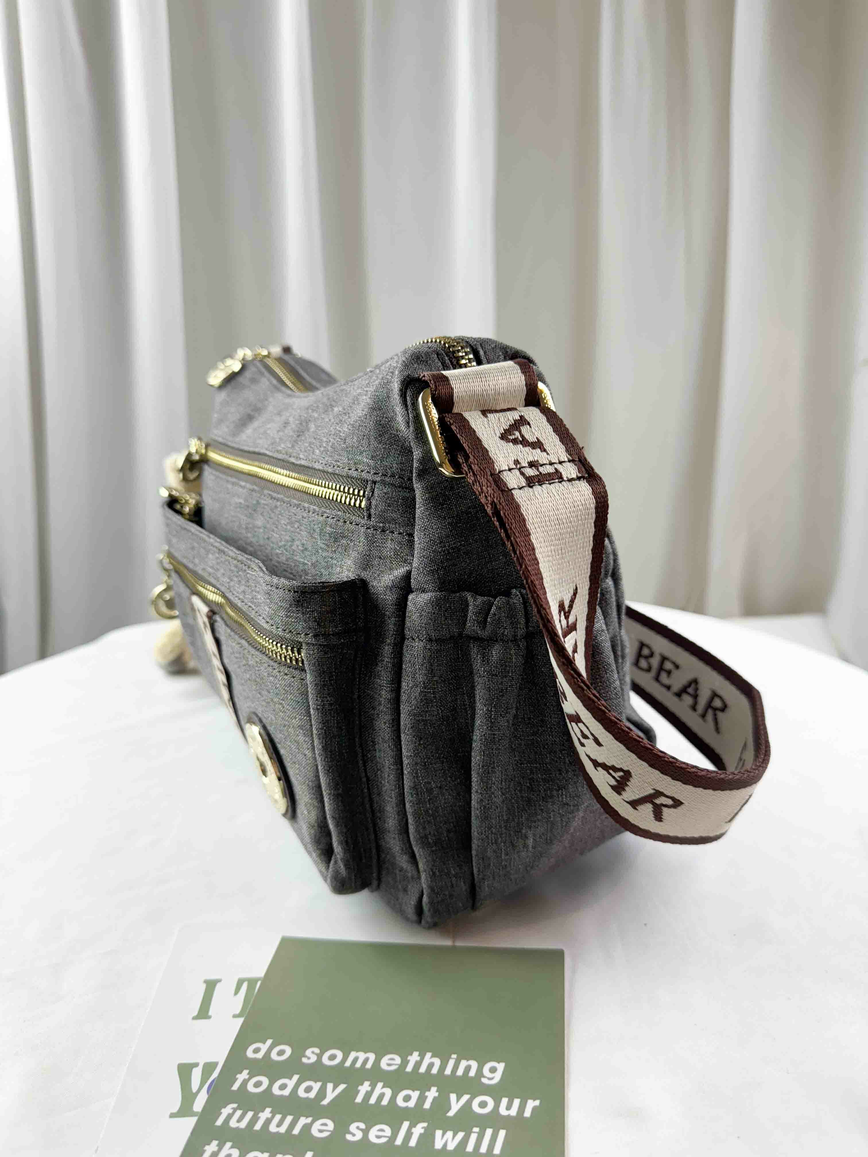 FamilyBear 織帶灰配咖防潑水側背包 附兔兔吊飾 #2689