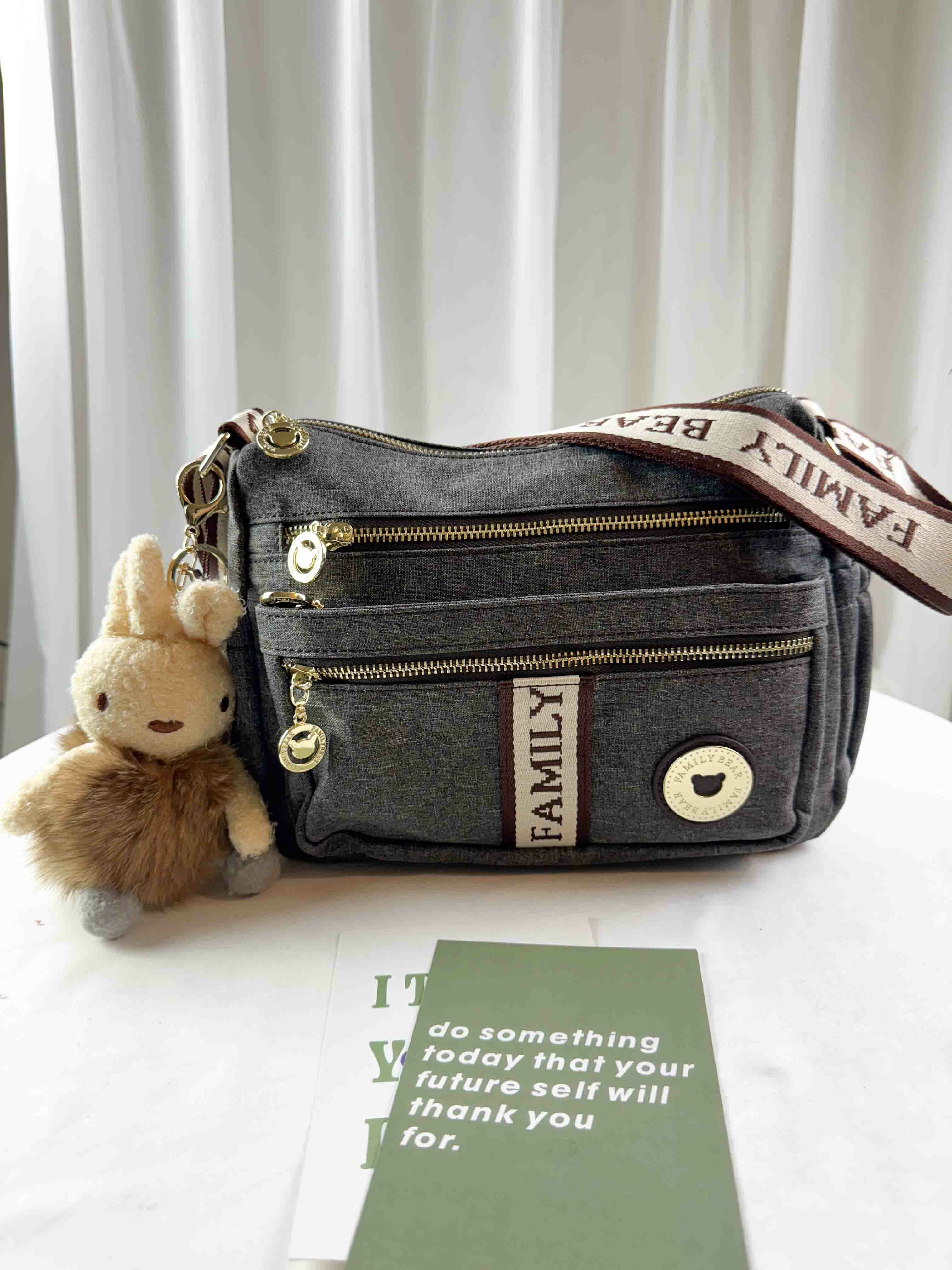 FamilyBear 織帶灰配咖防潑水側背包 附兔兔吊飾 #2689