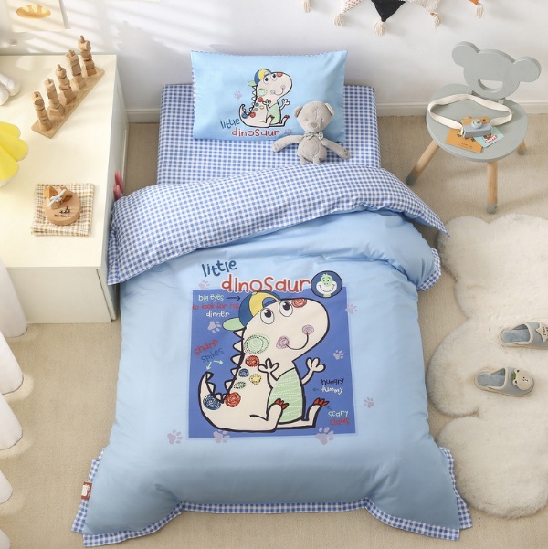 Hotly recommended pure cotton children's quilt cover + cushion cover + pillowcase (Lehi Dinosaur-Blue [Class A quality]) (three-piece set does not include core)