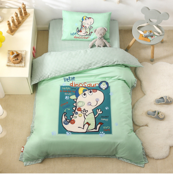 Hotly recommended pure cotton children's quilt cover + cushion cover + pillowcase (Lehi Dinosaur-Green [Class A quality]) (three-piece set does not include core)