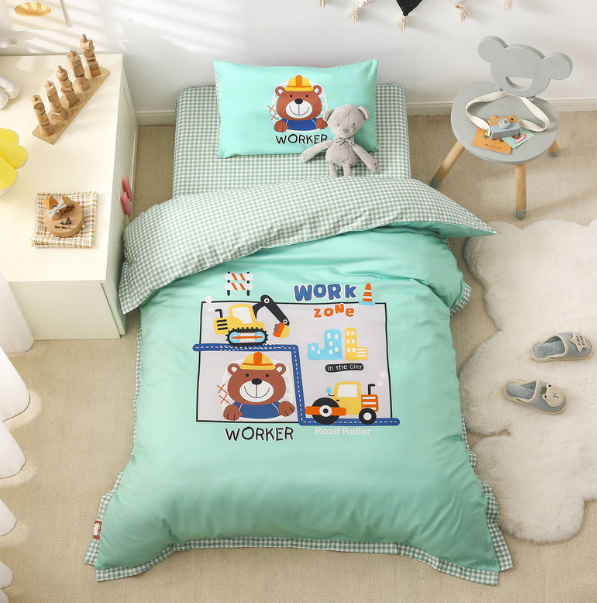 Hotly recommended pure cotton children's quilt cover + cushion cover + pillowcase (Smiling Bear-Green [Class A quality]) (three-piece set does not include core)