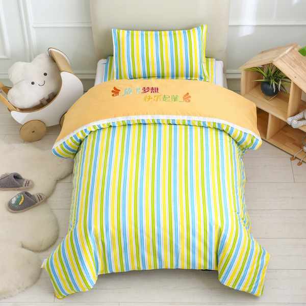 Hotly recommended pure cotton children's quilt cover + cushion cover + pillowcase (yellow and green small color strips) (three-piece set does not include core)