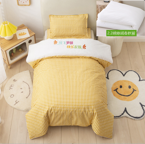 Hot recommendation pure cotton children's quilt cover + cushion cover + pillowcase (yellow and white small grid) (2.2 pounds feather velvet six-piece set)
